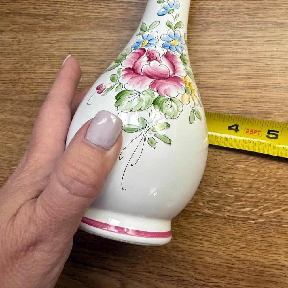 Signed Floral Ceramic Vase with Pink and Blue Accents